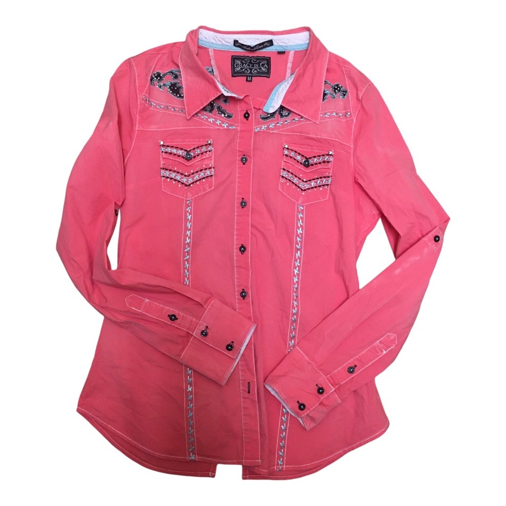 Grace In LA Western Medium Rhinestone Embroidered Stretch Rodeo Rollup Sleeve